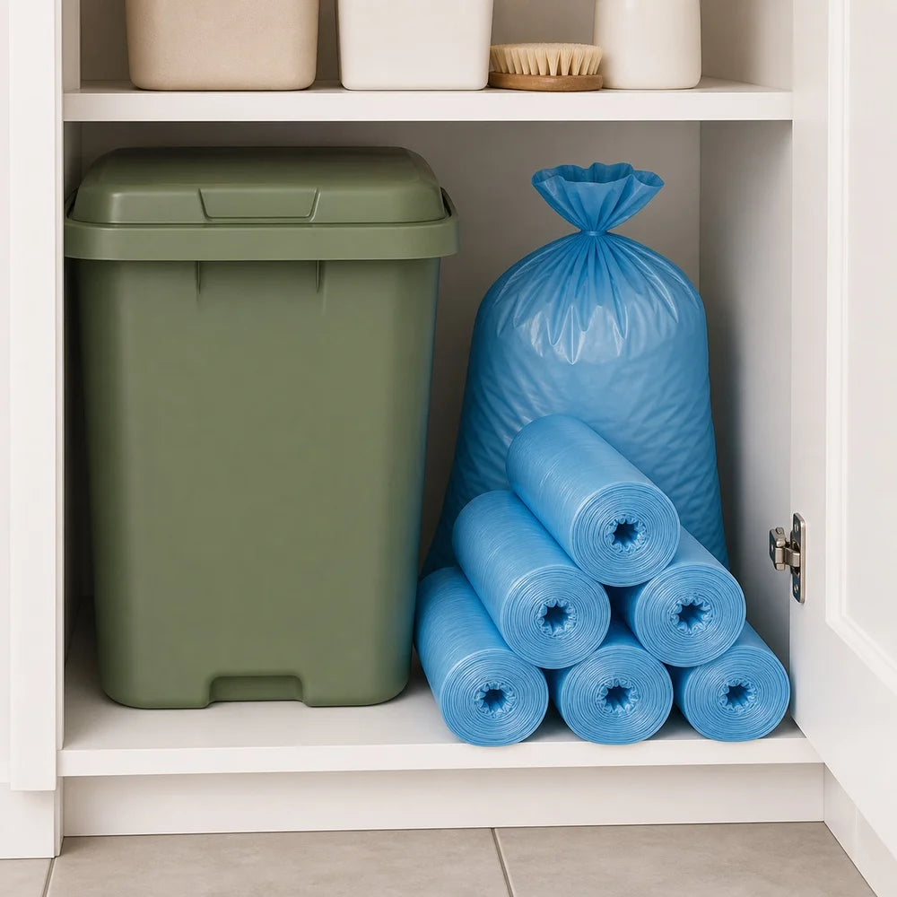 Trash Bags Blue Large 1 Roll 50 Bags for Home Kitchen Bathroom Waste Baskets Bin Liners and Household Daily Cleaning Supplies