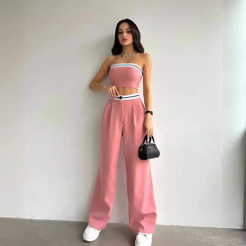 Hot Girls Wear Sports Vests Tube Tops Contrasting Colors High-waisted Wide-leg Trousers and Casual Two-piece Suits