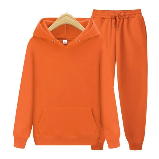 Men Plain Hooded Sweatshirt Drawstring Jogger Pants Two Piece Sports Tracksuit Set