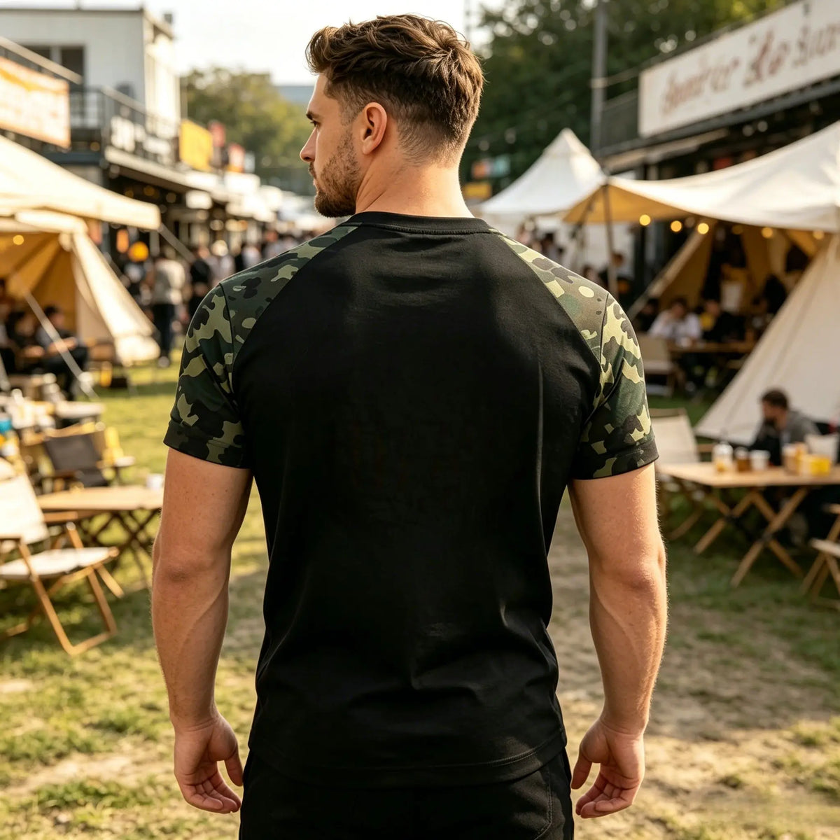 Men's Two Tone Raglan Plain T-Shirt, Solid Black Body Army Camo Print Sleeve Soft Breathable Cotton Crew Neck Tees For Men Outdo