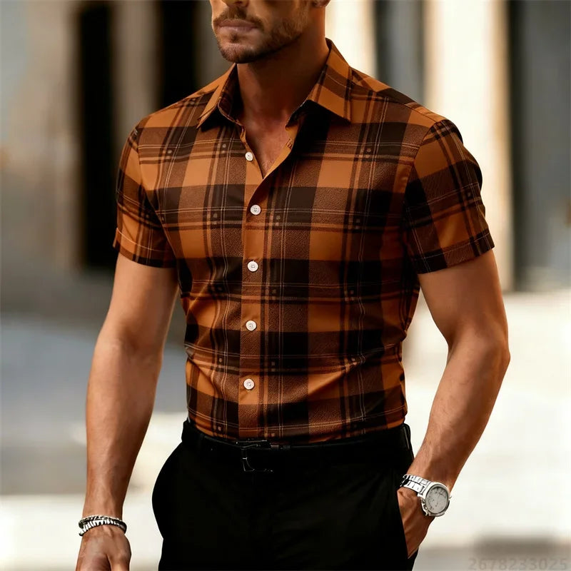 Men's Minimalist 3D Printed Plaid Shirt, Street Style Casual Shirt, Suitable for Summer Vacation Travel, Quick-Drying Beachwear.