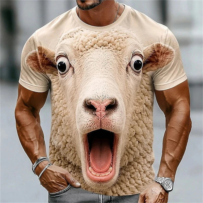Men's T‑Shirt 3D Funny Surprised Animals Face Print Pig Bunny Sheep Humorous Graphic Y2K Casual Short Sleeve Top