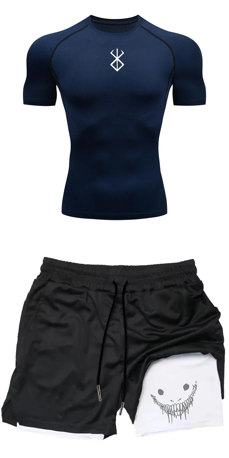 Men Compression Athletic Fitness Wear - Quick-Dry Tight Short-Sleeve Anime Double-Layer Shorts Summer Set Fitness Running Set