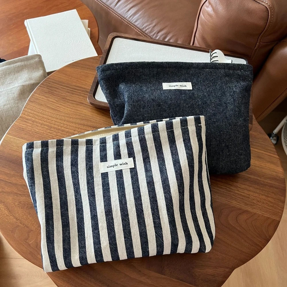 Fashion Striped Women Cosmetic Bags Retro Solid Color Storage Make Up Bags for Women Lady with Zipper Travel Bag Makeup Bag