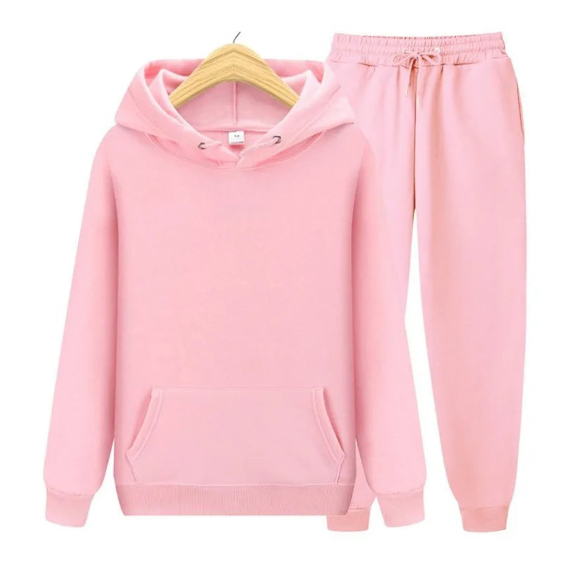 Men Plain Hooded Sweatshirt Drawstring Jogger Pants Two Piece Sports Tracksuit Set