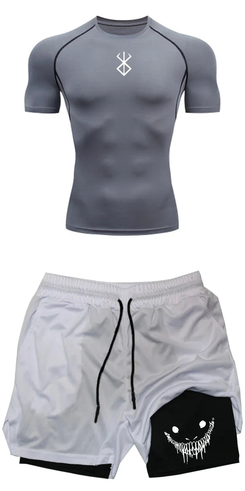 Men Compression Athletic Fitness Wear - Quick-Dry Tight Short-Sleeve Anime Double-Layer Shorts Summer Set Fitness Running Set