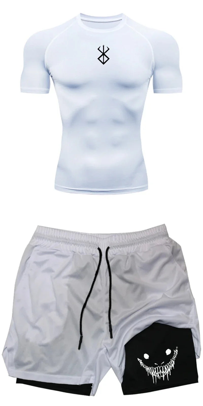 Men Compression Athletic Fitness Wear - Quick-Dry Tight Short-Sleeve Anime Double-Layer Shorts Summer Set Fitness Running Set