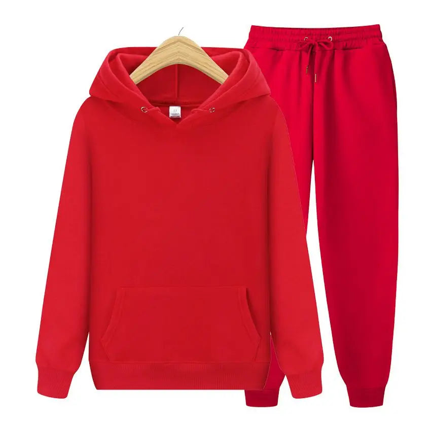 Men Plain Hooded Sweatshirt Drawstring Jogger Pants Two Piece Sports Tracksuit Set