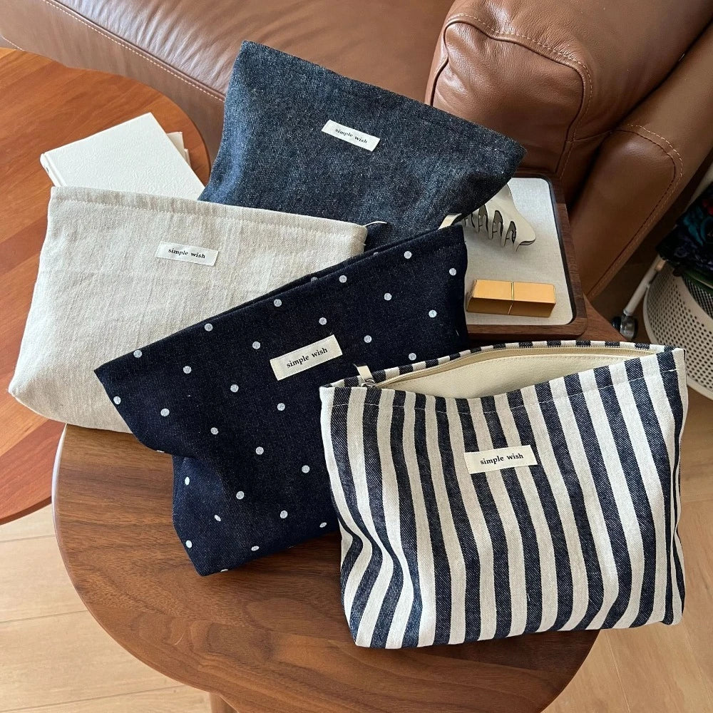 Fashion Striped Women Cosmetic Bags Retro Solid Color Storage Make Up Bags for Women Lady with Zipper Travel Bag Makeup Bag