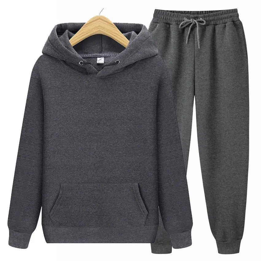 Men Plain Hooded Sweatshirt Drawstring Jogger Pants Two Piece Sports Tracksuit Set
