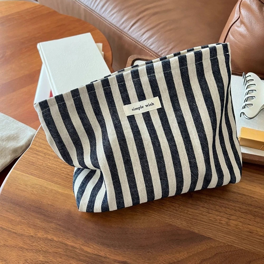 Fashion Striped Women Cosmetic Bags Retro Solid Color Storage Make Up Bags for Women Lady with Zipper Travel Bag Makeup Bag
