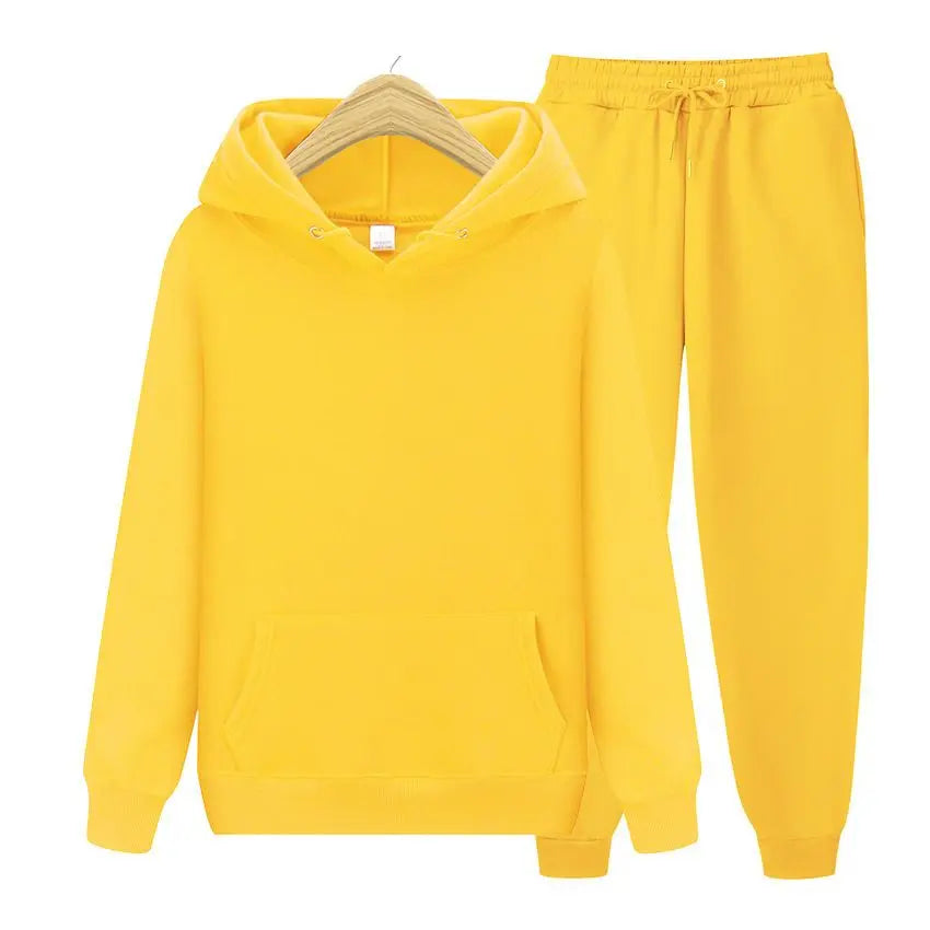 Men Plain Hooded Sweatshirt Drawstring Jogger Pants Two Piece Sports Tracksuit Set