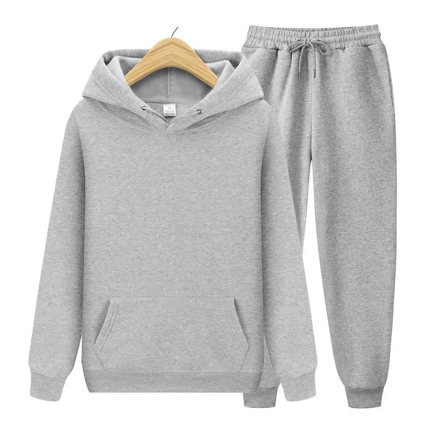 Men Plain Hooded Sweatshirt Drawstring Jogger Pants Two Piece Sports Tracksuit Set