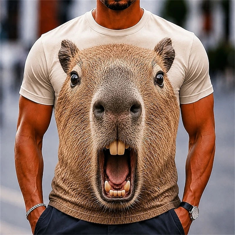 Men's T‑Shirt 3D Funny Surprised Animals Face Print Pig Bunny Sheep Humorous Graphic Y2K Casual Short Sleeve Top