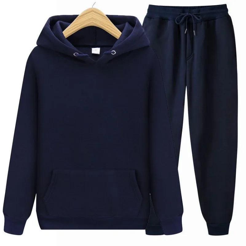 Men Plain Hooded Sweatshirt Drawstring Jogger Pants Two Piece Sports Tracksuit Set