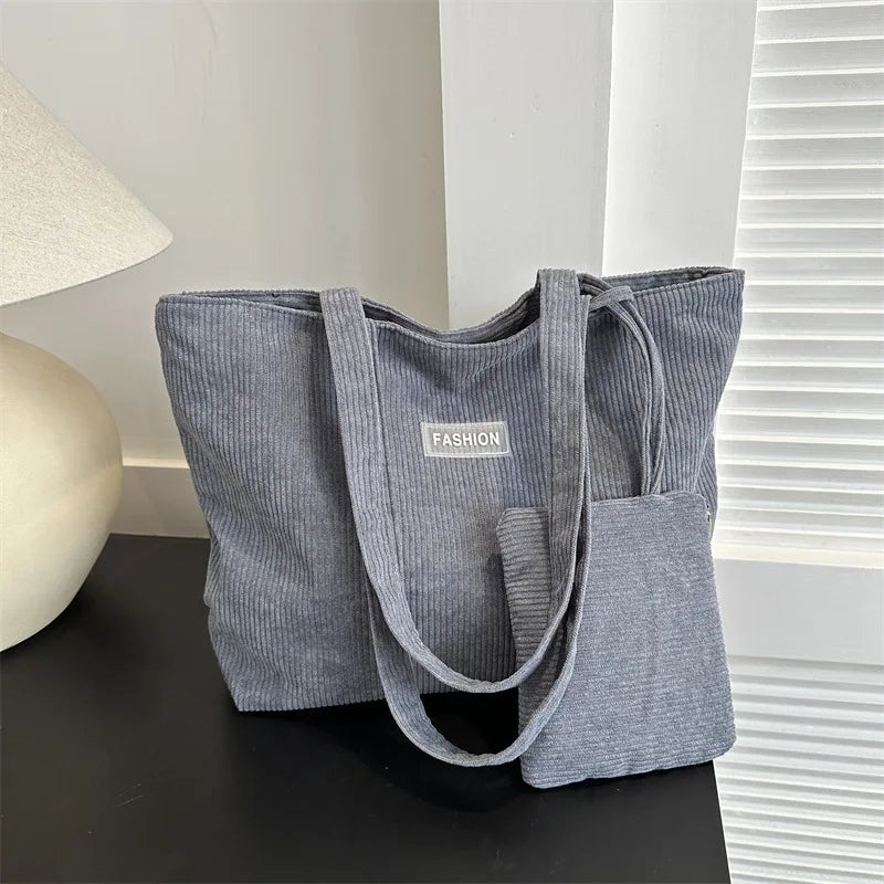 Corduroy Large Capacity Tote Bags with Small Pouch, Fashion Soft Shopping Handbag for School, Work Daily Casual Shoulder Purse