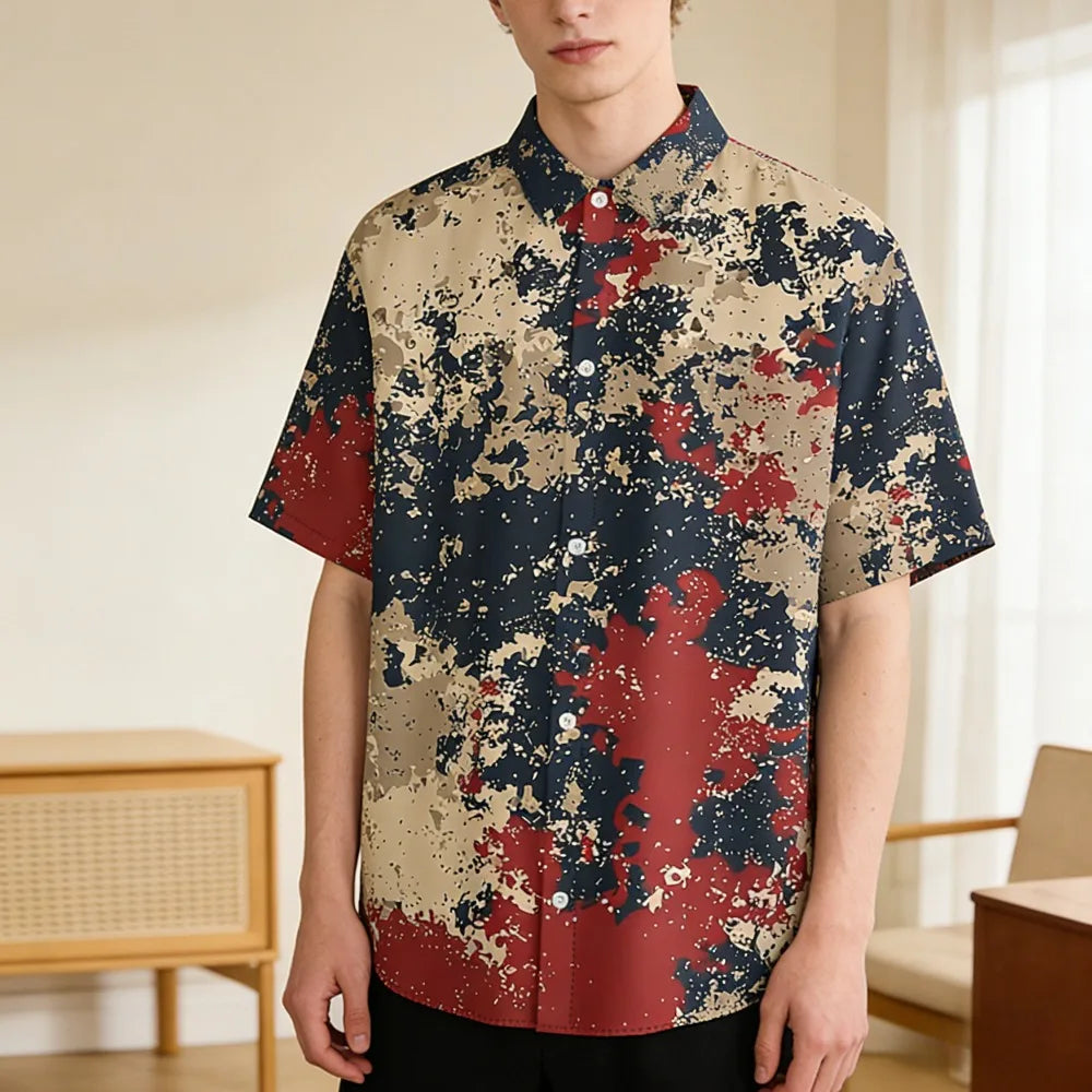 Trendy Men's Casual Shirt Abstract Geometric Camouflage Print Short Sleeve Relaxed Fit Button Down for Daily Wear, Urban Style