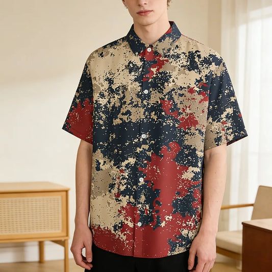 Trendy Men's Casual Shirt Abstract Geometric Camouflage Print Short Sleeve Relaxed Fit Button Down for Daily Wear, Urban Style