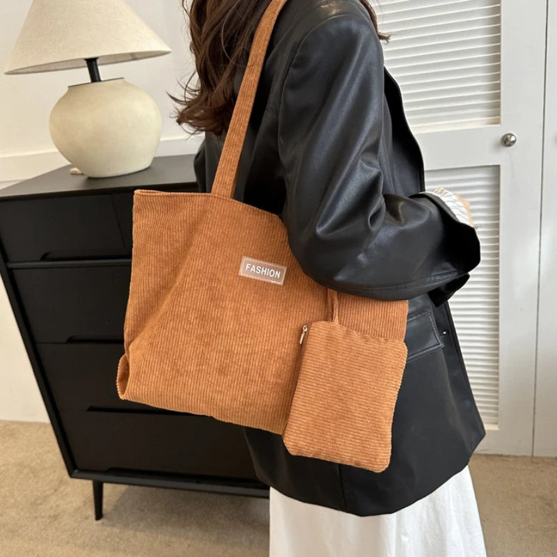 Corduroy Large Capacity Tote Bags with Small Pouch, Fashion Soft Shopping Handbag for School, Work Daily Casual Shoulder Purse