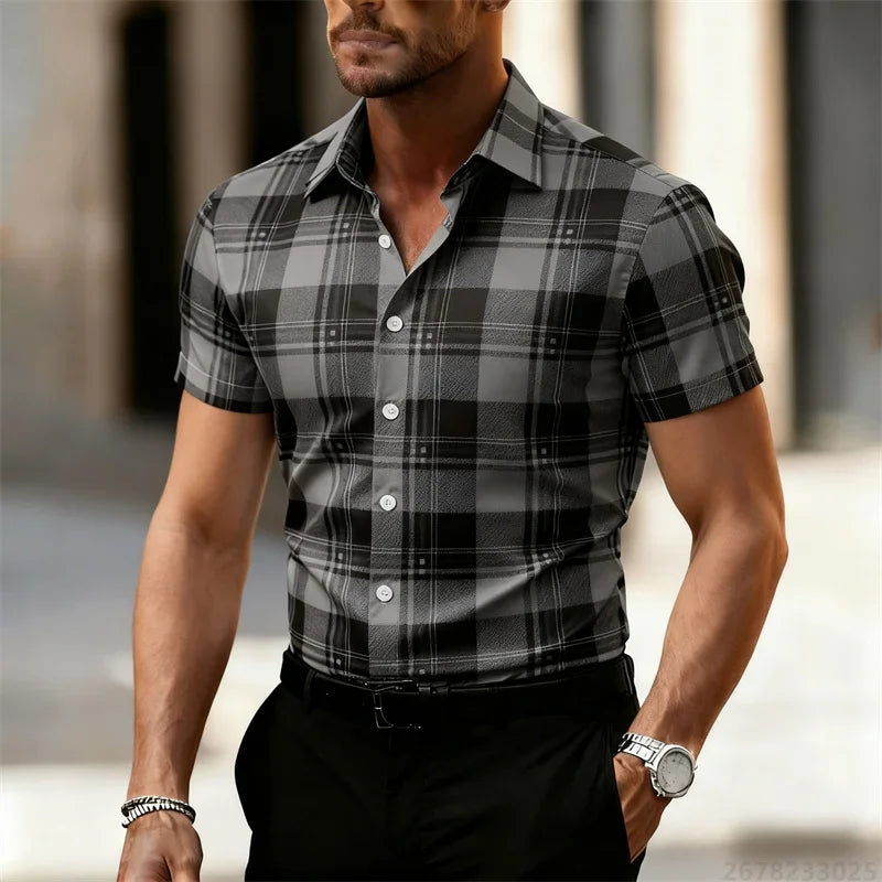 Men's Minimalist 3D Printed Plaid Shirt, Street Style Casual Shirt, Suitable for Summer Vacation Travel, Quick-Drying Beachwear.
