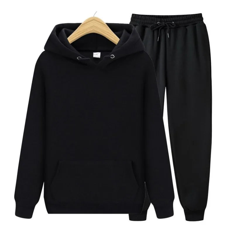 Men Plain Hooded Sweatshirt Drawstring Jogger Pants Two Piece Sports Tracksuit Set