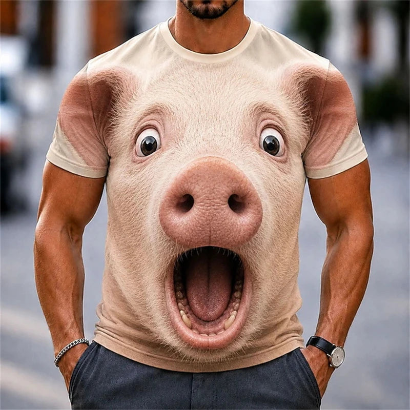 Men's T‑Shirt 3D Funny Surprised Animals Face Print Pig Bunny Sheep Humorous Graphic Y2K Casual Short Sleeve Top