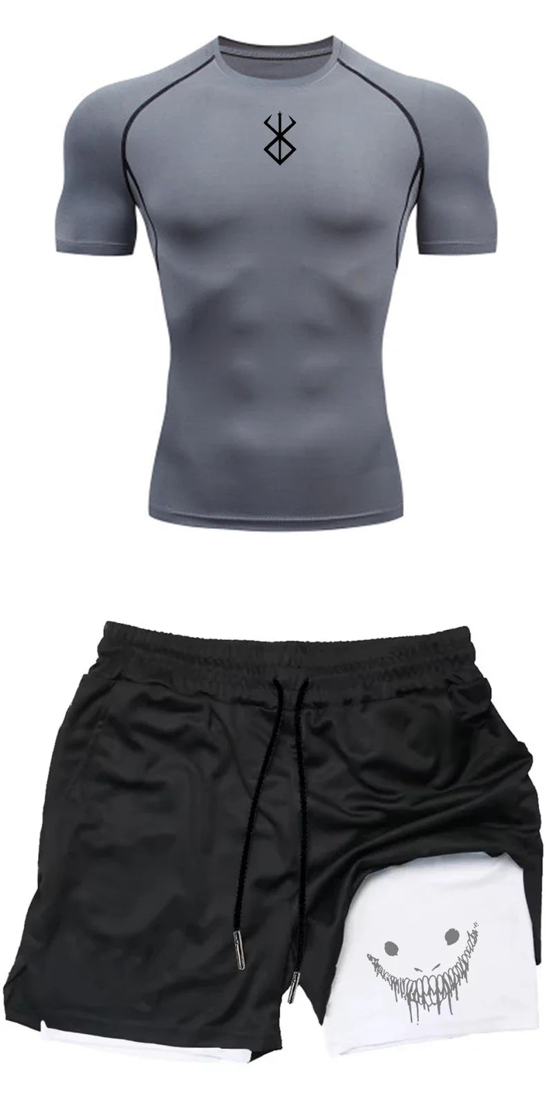 Men Compression Athletic Fitness Wear - Quick-Dry Tight Short-Sleeve Anime Double-Layer Shorts Summer Set Fitness Running Set