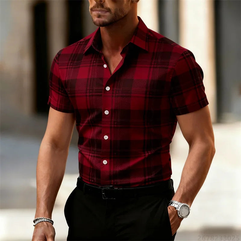 Men's Minimalist 3D Printed Plaid Shirt, Street Style Casual Shirt, Suitable for Summer Vacation Travel, Quick-Drying Beachwear.