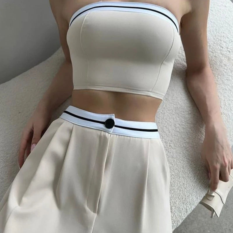 Hot Girls Wear Sports Vests Tube Tops Contrasting Colors High-waisted Wide-leg Trousers and Casual Two-piece Suits