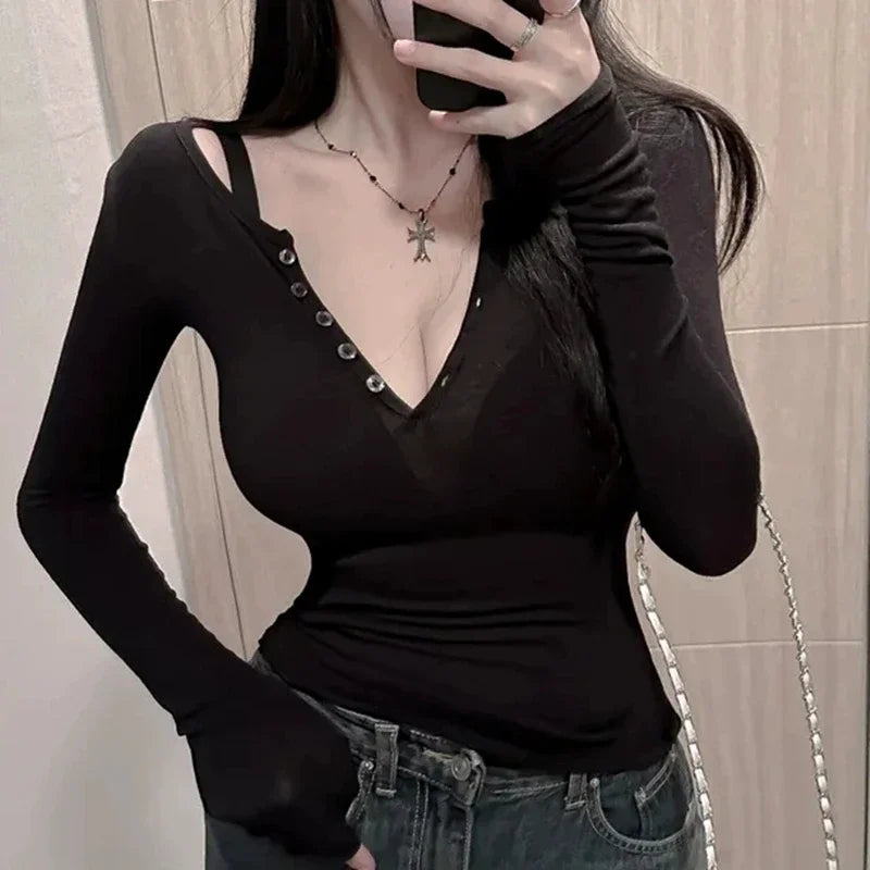 Female High Quality Plain T Shirt Women Cotton Elastic Basic Tshirt Casual Tops Long Sleeve Button Sexy Thin T-shirt see through