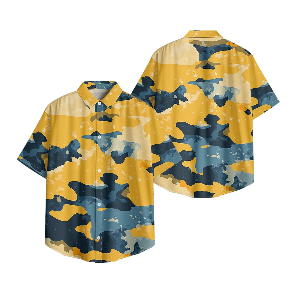 Trendy Men's Casual Shirt Abstract Geometric Camouflage Print Short Sleeve Relaxed Fit Button Down for Daily Wear, Urban Style