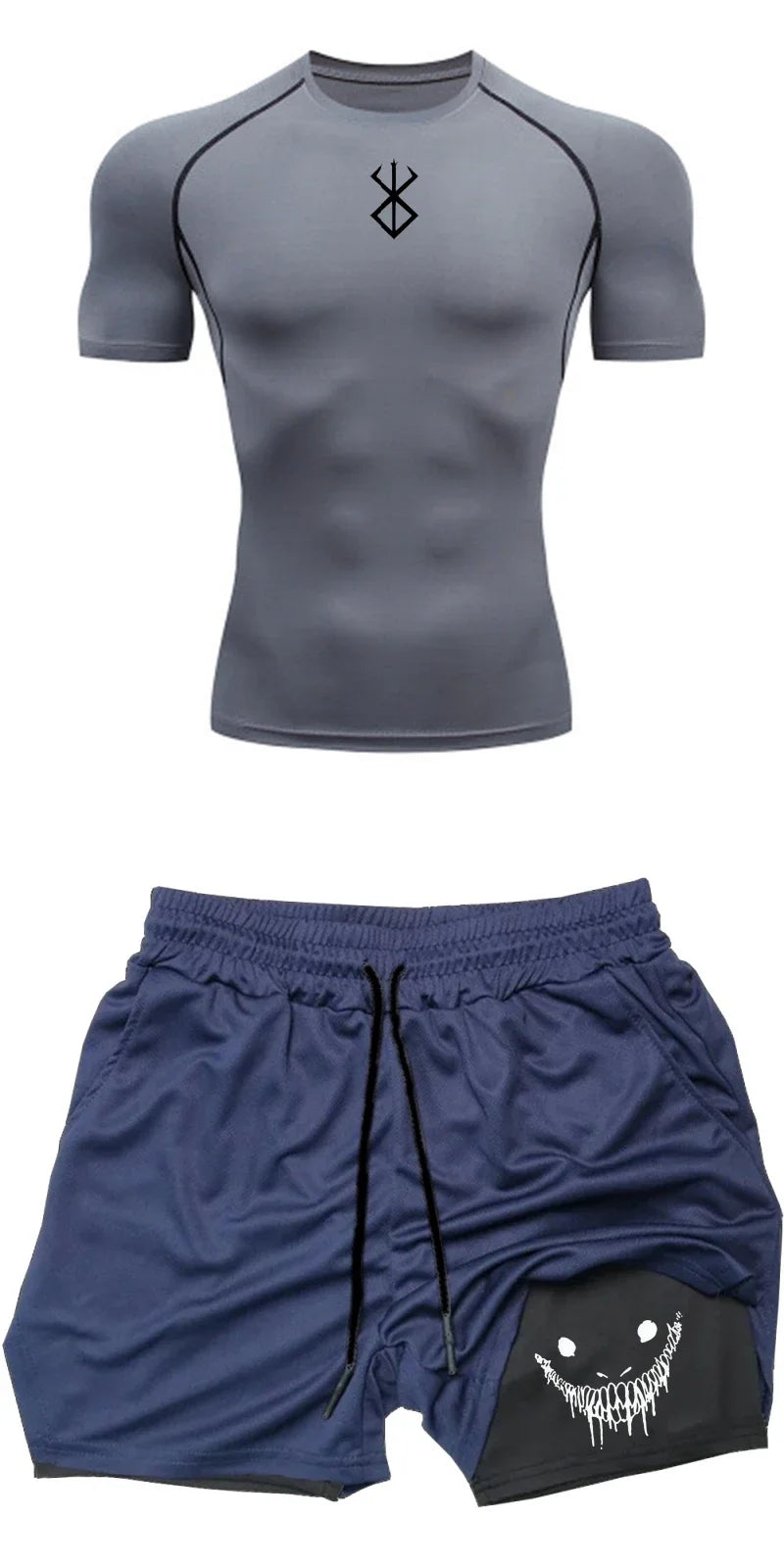 Men Compression Athletic Fitness Wear - Quick-Dry Tight Short-Sleeve Anime Double-Layer Shorts Summer Set Fitness Running Set