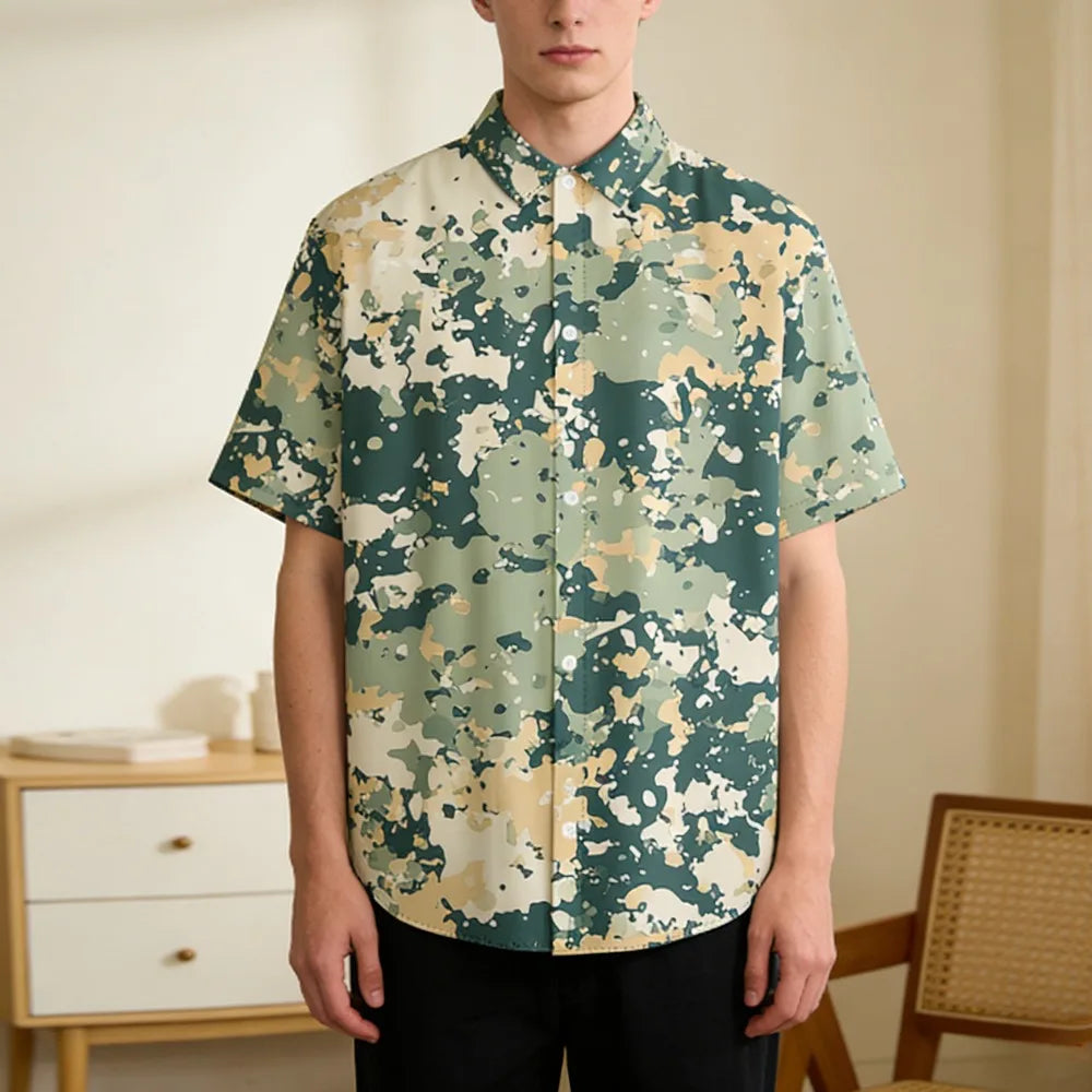 Trendy Men's Casual Shirt Abstract Geometric Camouflage Print Short Sleeve Relaxed Fit Button Down for Daily Wear, Urban Style