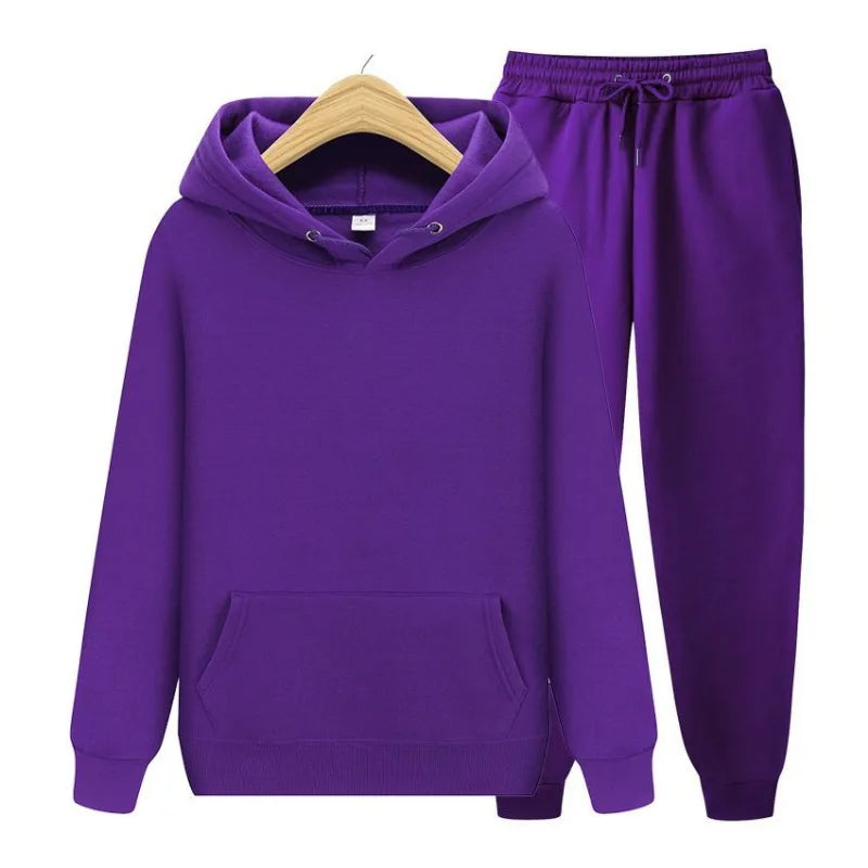 Men Plain Hooded Sweatshirt Drawstring Jogger Pants Two Piece Sports Tracksuit Set