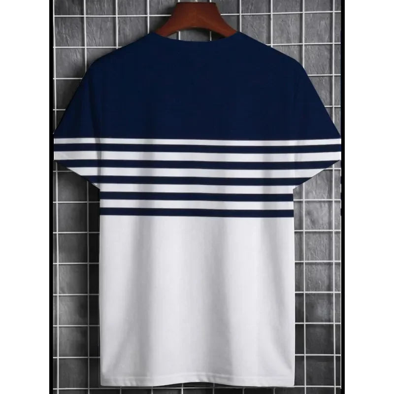 for Men Minimalist Abstract T Shirt Navy Blue White Striped Round Neck Short Sleeve Modern Geometric Print Casual Daily Wear