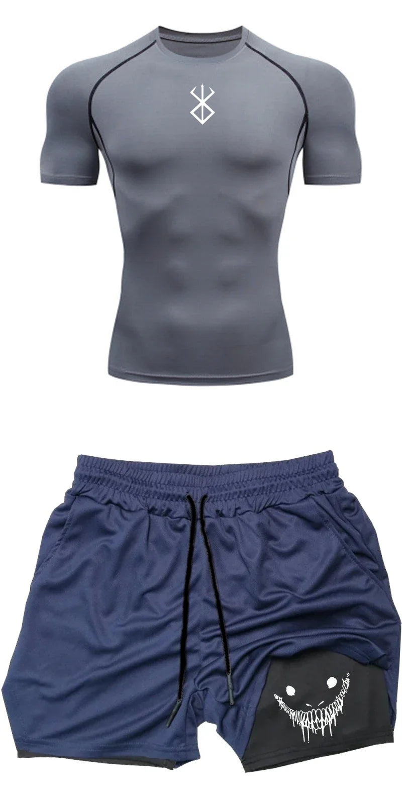 Men Compression Athletic Fitness Wear - Quick-Dry Tight Short-Sleeve Anime Double-Layer Shorts Summer Set Fitness Running Set