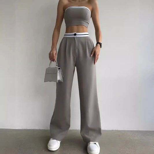 Hot Girls Wear Sports Vests Tube Tops Contrasting Colors High-waisted Wide-leg Trousers and Casual Two-piece Suits