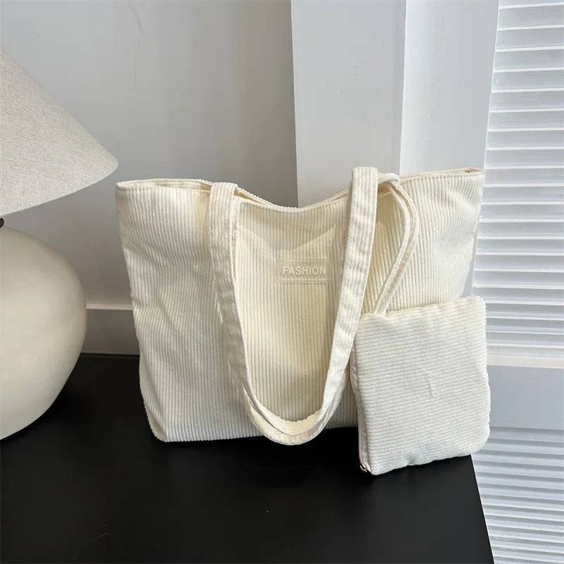 Corduroy Large Capacity Tote Bags with Small Pouch, Fashion Soft Shopping Handbag for School, Work Daily Casual Shoulder Purse