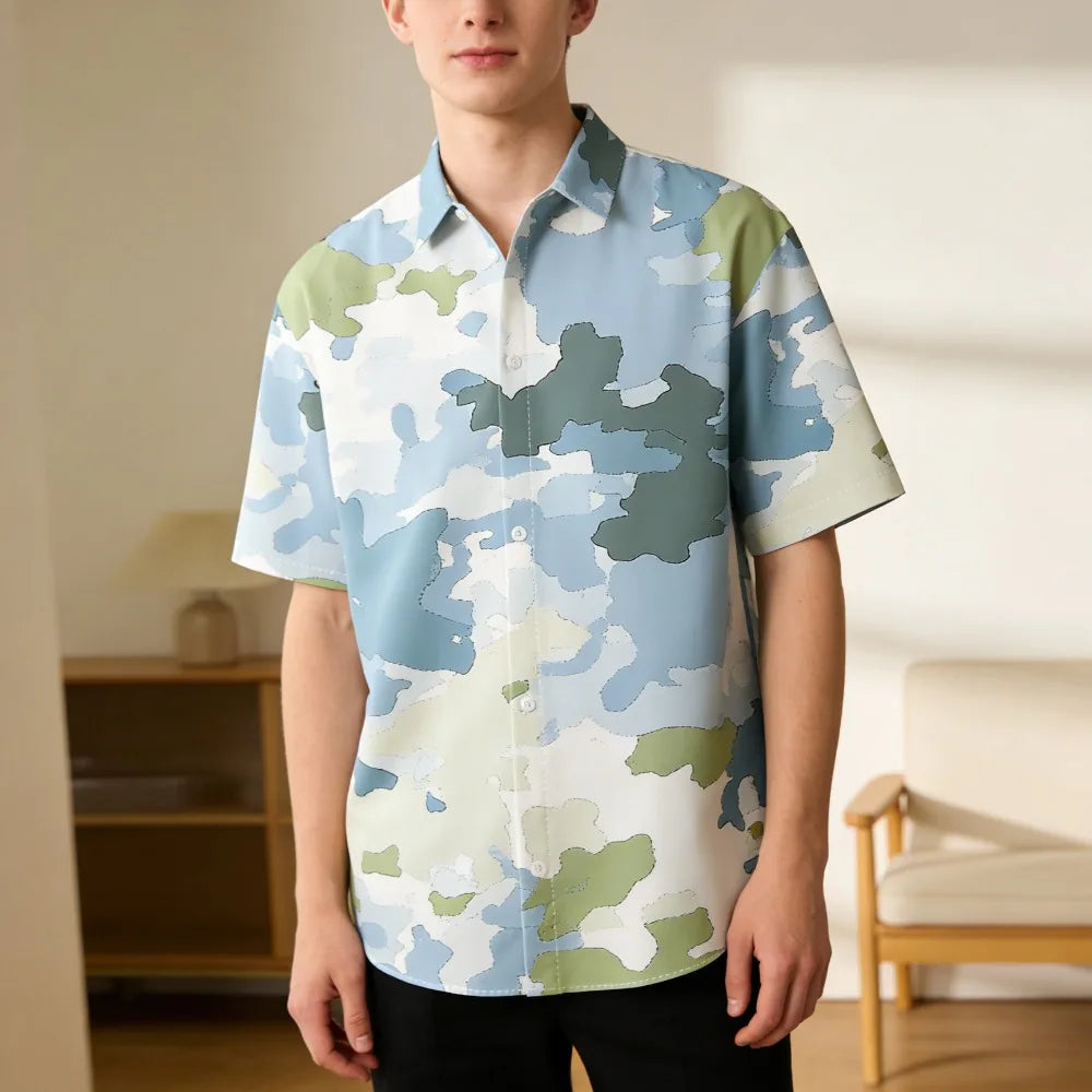 Trendy Men's Casual Shirt Abstract Geometric Camouflage Print Short Sleeve Relaxed Fit Button Down for Daily Wear, Urban Style
