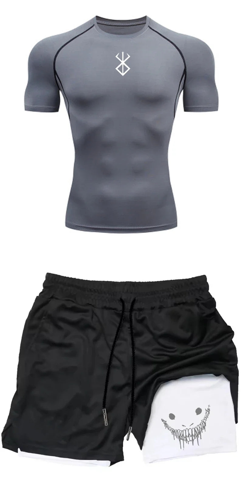 Men Compression Athletic Fitness Wear - Quick-Dry Tight Short-Sleeve Anime Double-Layer Shorts Summer Set Fitness Running Set