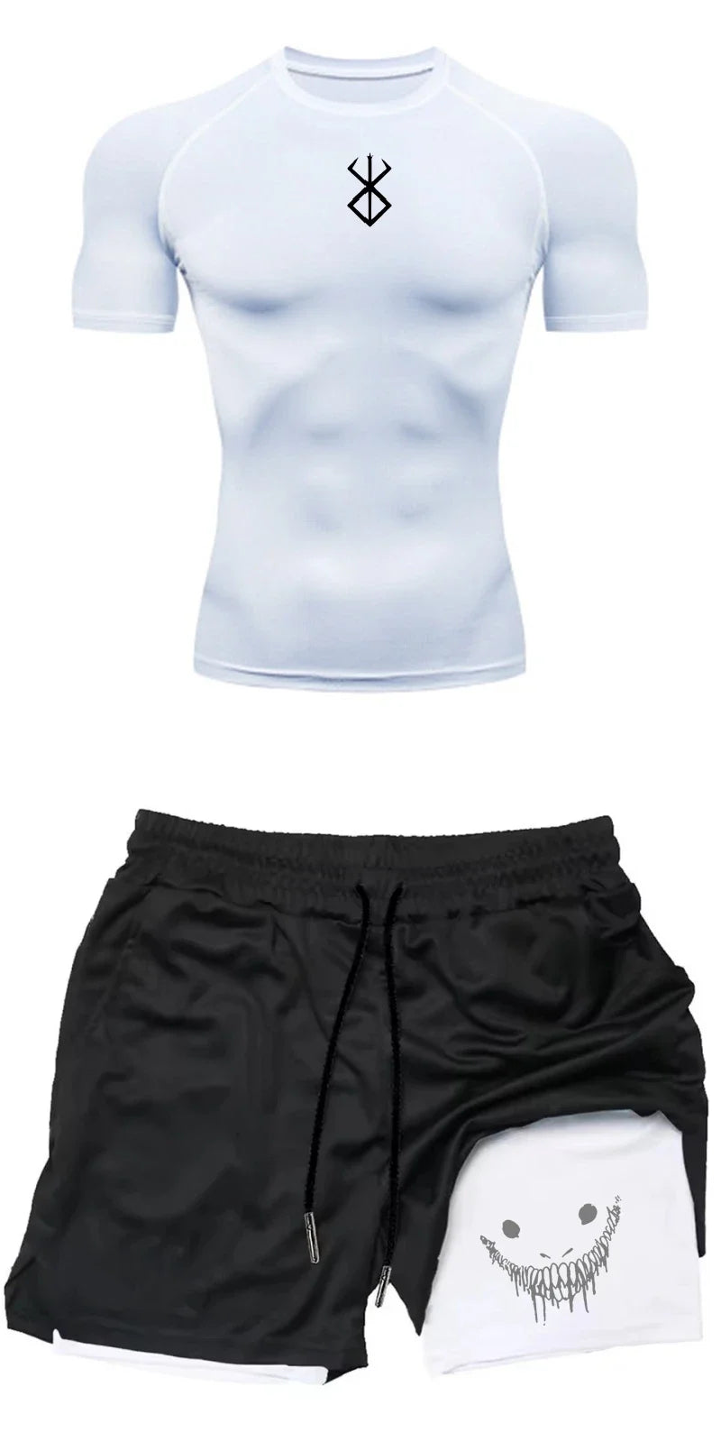 Men Compression Athletic Fitness Wear - Quick-Dry Tight Short-Sleeve Anime Double-Layer Shorts Summer Set Fitness Running Set