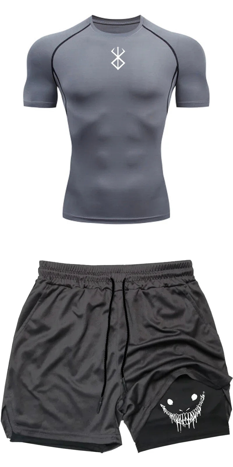 Men Compression Athletic Fitness Wear - Quick-Dry Tight Short-Sleeve Anime Double-Layer Shorts Summer Set Fitness Running Set
