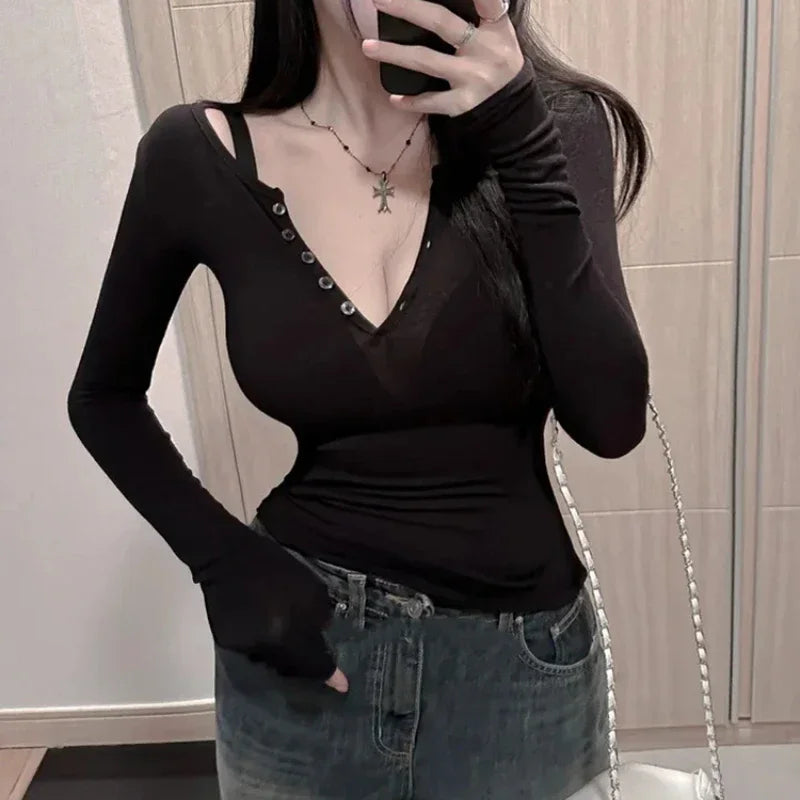 Female High Quality Plain T Shirt Women Cotton Elastic Basic Tshirt Casual Tops Long Sleeve Button Sexy Thin T-shirt see through