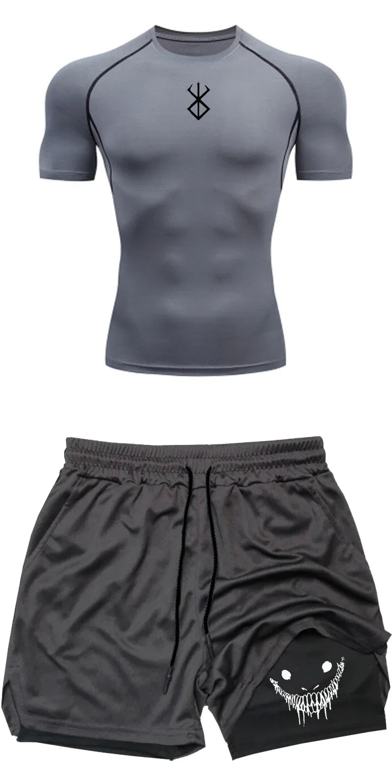 Men Compression Athletic Fitness Wear - Quick-Dry Tight Short-Sleeve Anime Double-Layer Shorts Summer Set Fitness Running Set