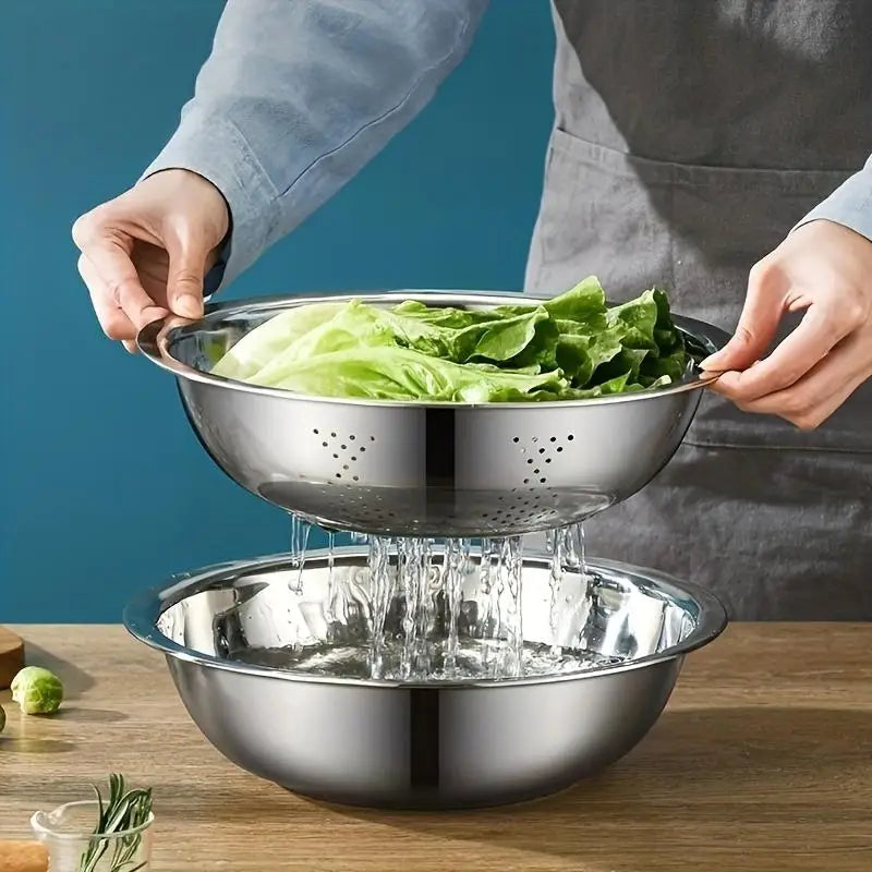 3-Piece Kitchen Set, Stainless Steel Mixing Bowl & Cutting System, Easy Clean Design, Space-Saving, Ideal for Home Cooking