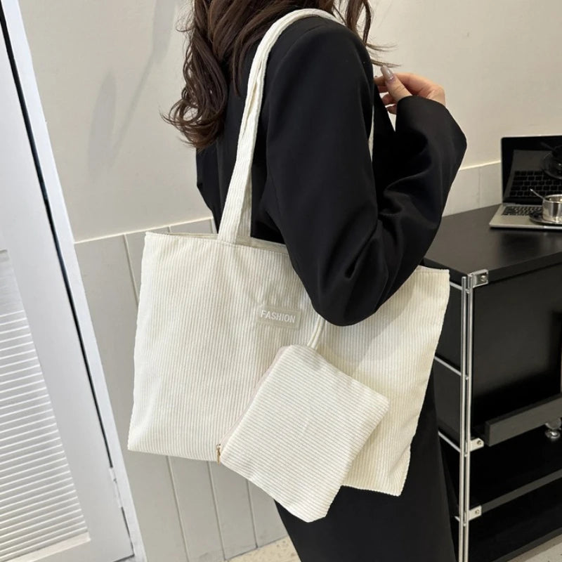 Corduroy Large Capacity Tote Bags with Small Pouch, Fashion Soft Shopping Handbag for School, Work Daily Casual Shoulder Purse
