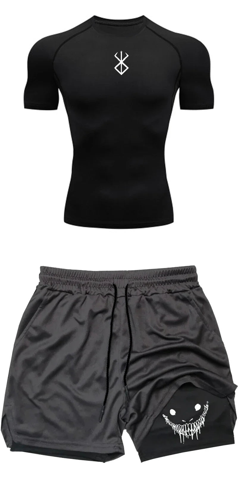 Men Compression Athletic Fitness Wear - Quick-Dry Tight Short-Sleeve Anime Double-Layer Shorts Summer Set Fitness Running Set