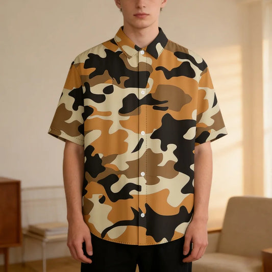 Trendy Men's Casual Shirt Abstract Geometric Camouflage Print Short Sleeve Relaxed Fit Button Down for Daily Wear, Urban Style