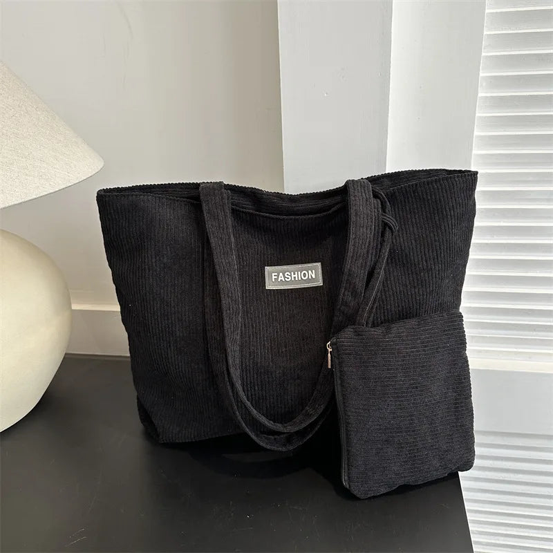 Corduroy Large Capacity Tote Bags with Small Pouch, Fashion Soft Shopping Handbag for School, Work Daily Casual Shoulder Purse