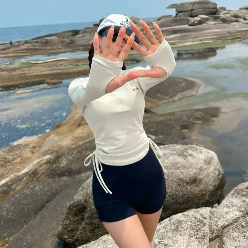 Swimwear Sports Style Long Sleeved Sunscreen Fashion Two-piece Set Women Conservative Slimming Effect Drawstring Flat Corner
